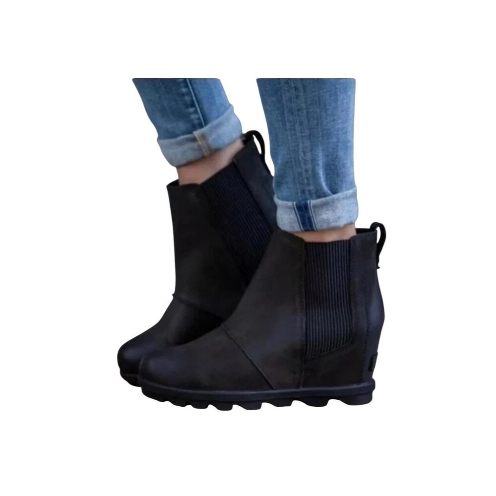 Sorel Joan Of Arctic Chelsea Wedge ll Leather Ankle Boots Womens 9.5 Black Water